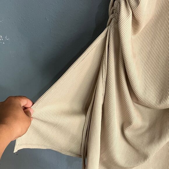 ZARA Tan High Neck Sleeveless Gathered Mini Bodycon Vacation Beach Dress Small # - Picture 4 of 5